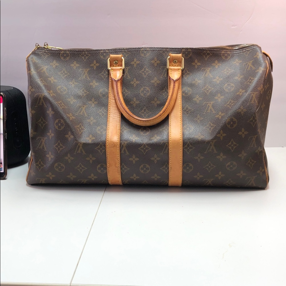 Louis Vuitton Monogram Canvas Duffel with Tan Leather Trim Keepall 45